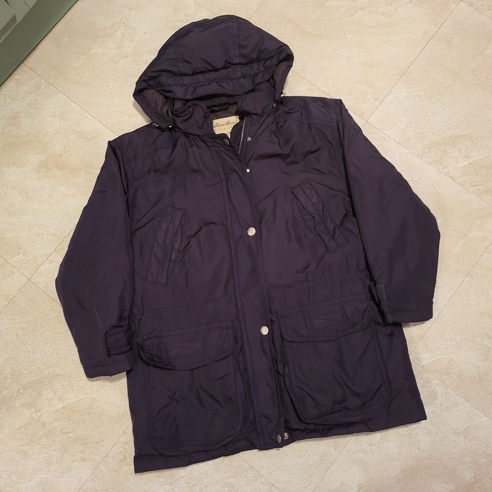 VTG Eddie Bauer Womens M Medium‎ Navy Blue Goose Down Hooded Parka Jacket